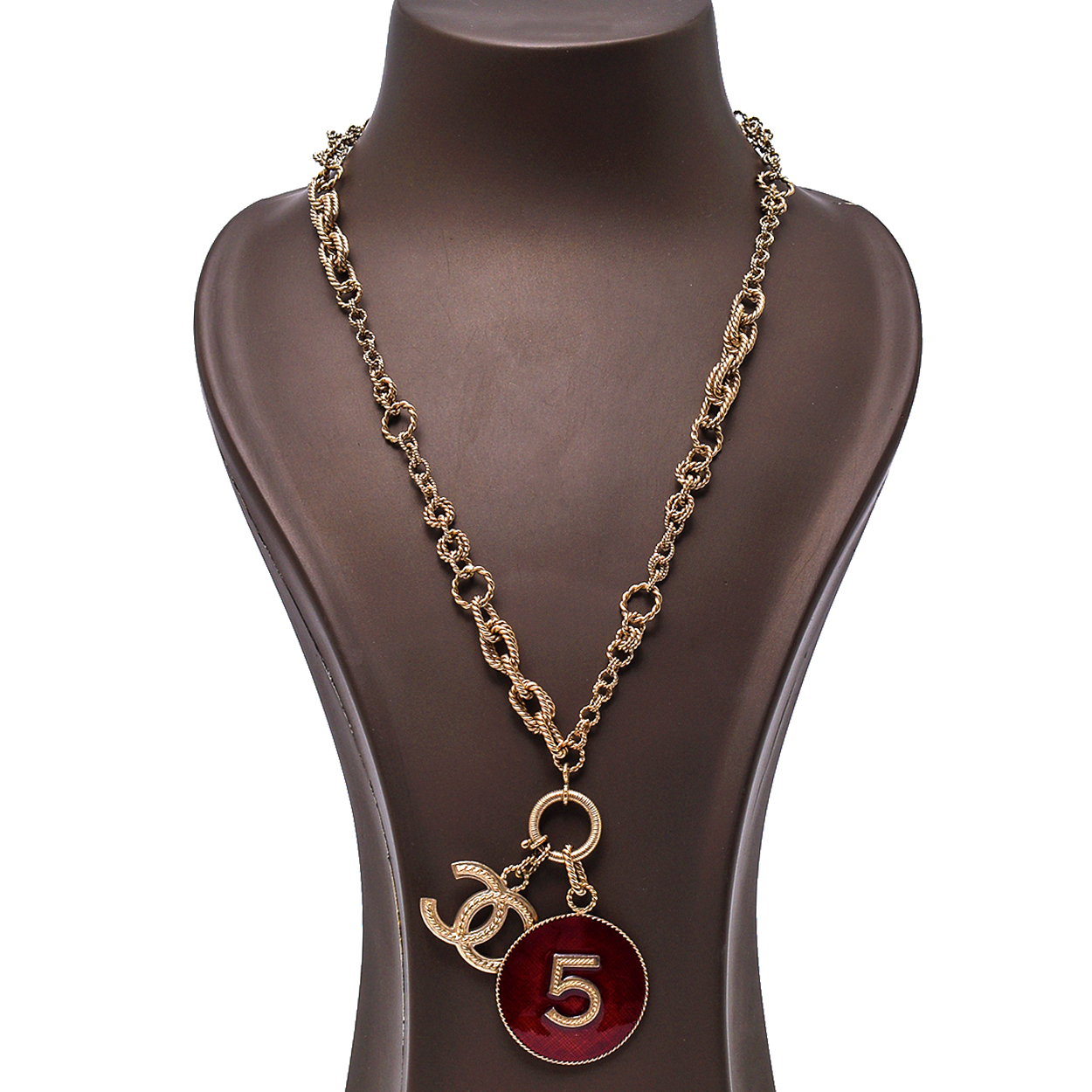 Chanel - Rare CC N°5 Burgundy  Medallion Gold Toned Necklace 